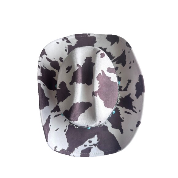 Illuma Cow Print Faux Suede Western Cowboy Hat Silver Concho Chain Band Rodeo